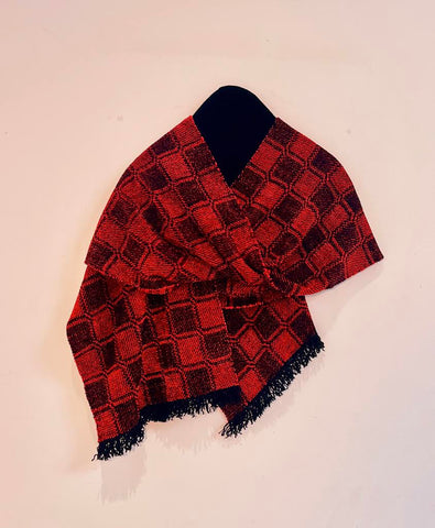 Red and Black Chenille Scarf <br> 7 Block Twill Windowpane