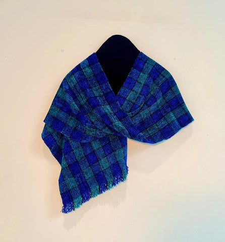 Blue, Teal and Black Chenille Scarf <br> Small Windowpane