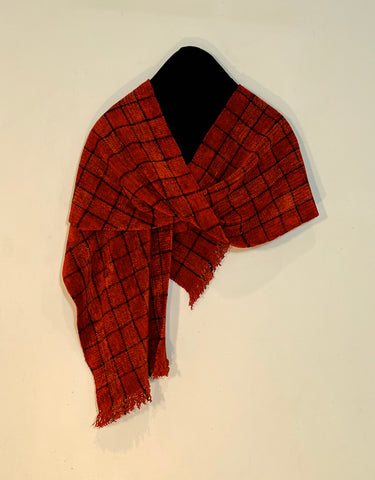 Red, Orange, and Black Chenille Scarf <br> Small Windowpane