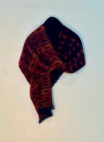 Black, Red, Oranges and Rust Chenille Scarf <br> Horizontal Twill Blocks