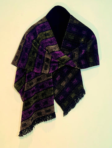 Blue, Teal, Purple, and Black Chenille Scarf <br> Horizontal Twill Blocks