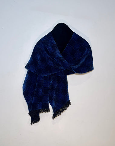 Blue and Black Chenille Scarf <br> 7 Block Twill Windowpane