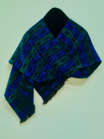 Blue, Green, and Black Chenille Scarf <br> Horizontal Twill Blocks