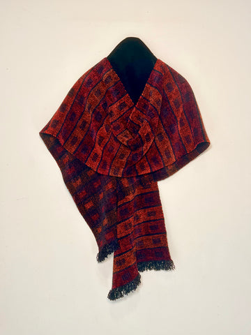 Black, Reds, and Oranges Chenille Scarf <br> Horizontal Twill Blocks