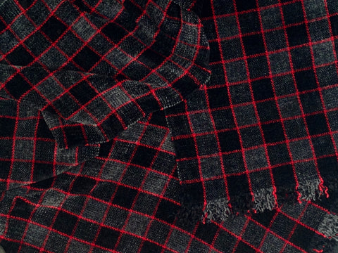 Black, Gray, and Red Chenille Scarf <br> Small Windowpane