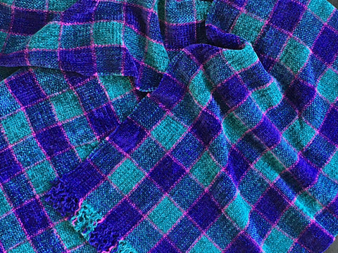 Blue, Teal, and Purple Chenille Scarf <br> Small Windowpane