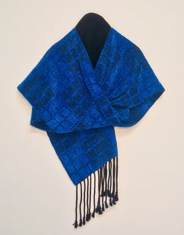 Black and Blue Chenille and Bamboo Scarf <br> Nine Squares Twill Windowpane