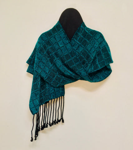 Black and Turquoise Chenille and Bamboo Scarf <br> Nine Squares Twill Windowpane