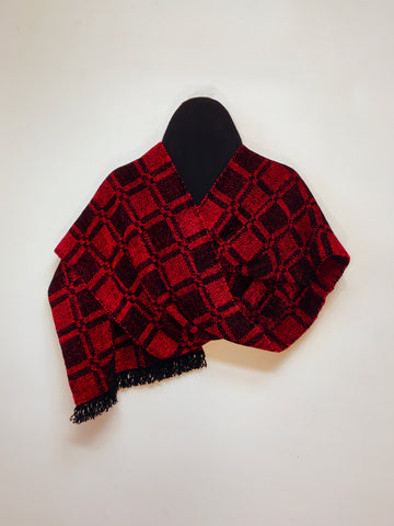 Black and Red Chenille Scarf <br> Five Squares Twill Windowpane